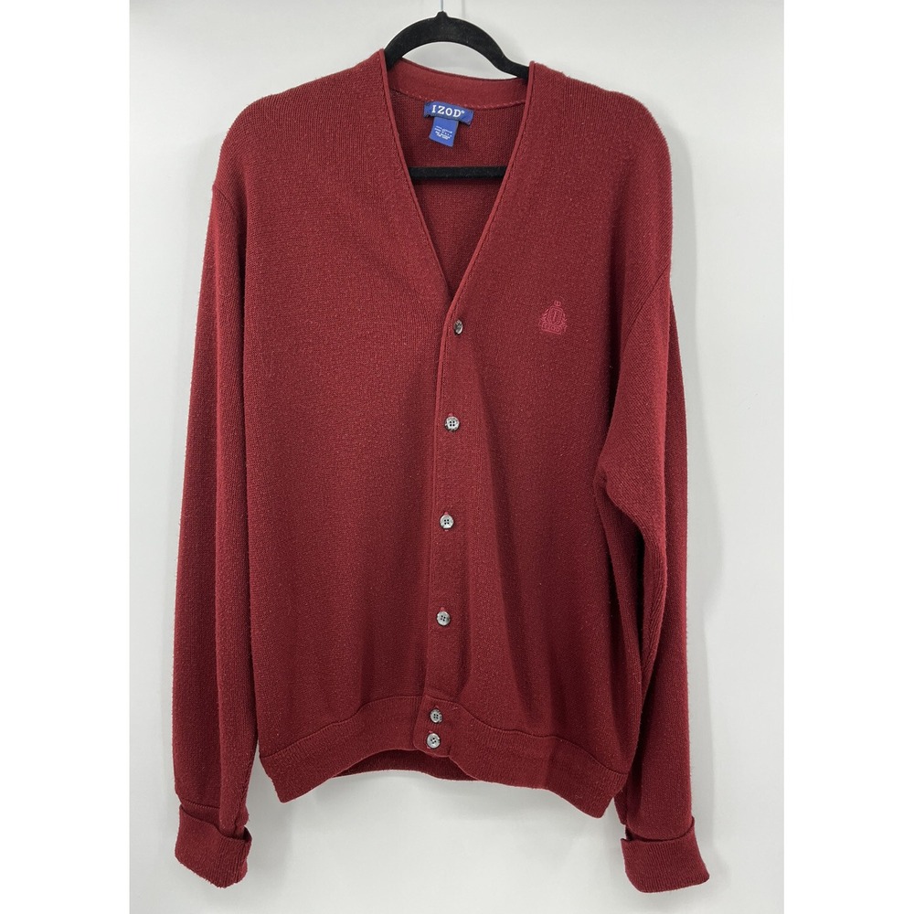 Vintage Izod Acrylic Cardigan Sweater Size XL Brick Red Grandpa